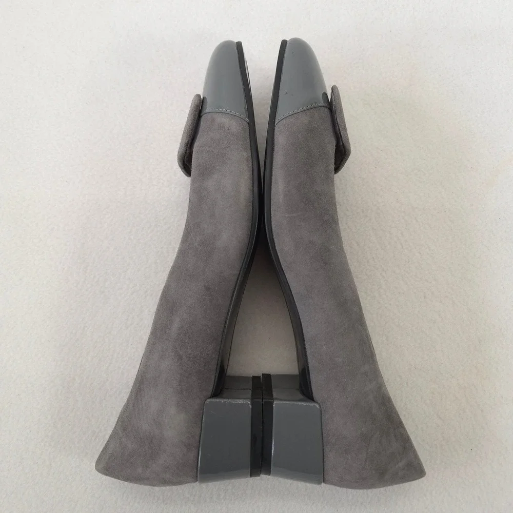 David Tate Gray Suede Low Block Heel Buckle Pumps Round Toe Shoes Size 9